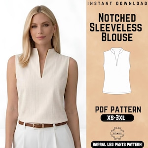 Notched Sleeveless Blouse PDF Sewing Pattern: V-Neck Top (XS-3XL)
