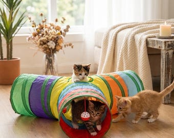 Kattentunnelspeelgoed voor binnenkatten, opvouwbare kreukeltunnel met kijkgaatje en hangende bal, interactief kittenoefeningspeelgoed voor katten