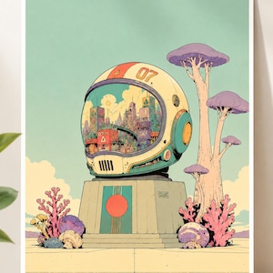 Surreal Space Helmet Art Print with Retro Futurist Mushroom Cityscape