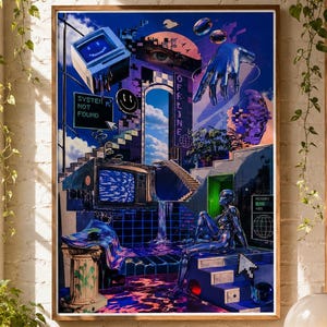 Impresión artística surrealista de paisaje cibernético con arquitectura de Chrome, Android y fallos gráficos.