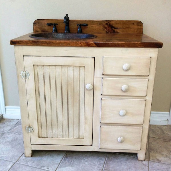 Bathroom Vanity - 36" - Rustic Farmhouse Bathroom Vanity - FH1297-36L - Bathroom Vanity w/ Drawers - Rustic Bathroom Vanity - Copper Sink