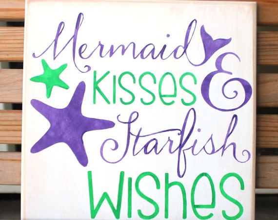 MERMAID KISSES and STARFISH Wishes - 12 x 12 - Painted Wooden Sign - Beach Decor - Mermaid Decor - Bathroom Decor - Purple and Green - Wood