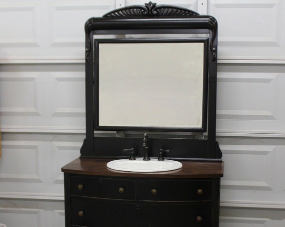 Bathroom Vanity - Antique Bathroom Vanity - Black satin finish - Oak top - Original mirror - 42 inches wide - Sink and Faucet included