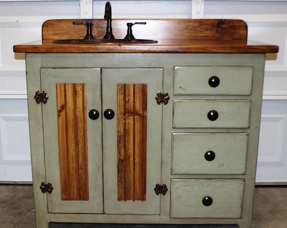 Rustic Farmhouse Vanity - Copper Sink - 42" - Sage Green - Bathroom Vanity - Bathroom Vanity with Sink - Rustic Vanity - Farmhouse Vanity