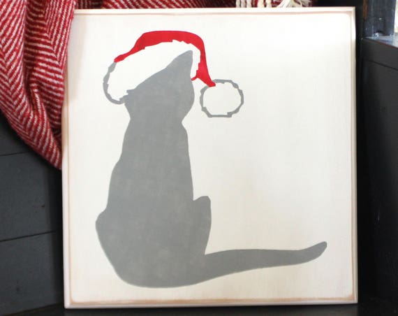 Christmas Kitty - Gray Kitty - Painted Wooden Sign - 12 x 12 - Santa Kitty - Christmas Cat - Gray Cat - Santa Cat - Hand Painted Sign