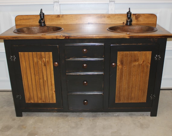 Bathroom Vanity - Rustic Farmhouse Vanity - Double Bathroom Vanity - Copper Sinks - 60" - Bronze pump faucets - Faucets and sinks included