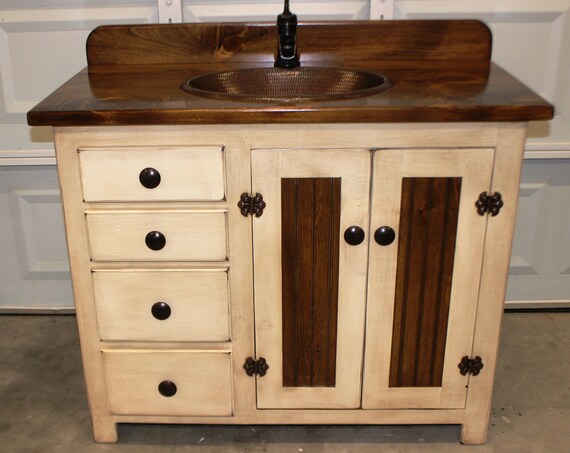 Farmhouse Vanity - Copper Sink - 42" - Antique white - Bathroom Vanity - Bathroom Vanity with Sink - Rustic Vanity - Rustic Farmhouse Vanity