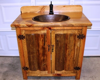 Rustic Log Bathroom Vanity - 36" - Bathroom Vanity with sink - MS1371-36 with backsplash - Vanity - Copper sink - Rustic Bathroom Vanity