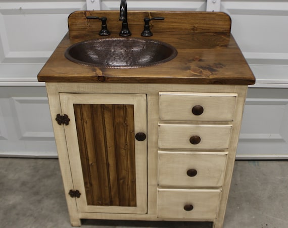 Rustic Farmhouse Vanity - 32"- Copper Sink - Antique white - Bathroom Vanity - Bathroom Vanity with Sink - Rustic Vanity - Farmhouse Vanity