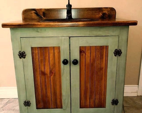 Country Pine Bathroom Vanity with Hammered Copper Sink: 36 inch wide Rustic Bathroom Vanity - CC1186-36 -Antique sage green - 36" Farmhouse