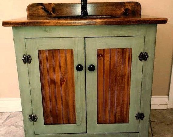 Country Pine Bathroom Vanity with Hammered Copper Sink: 36 inch wide Rustic Bathroom Vanity - CC1186-36 -Antique sage green - 36" Farmhouse