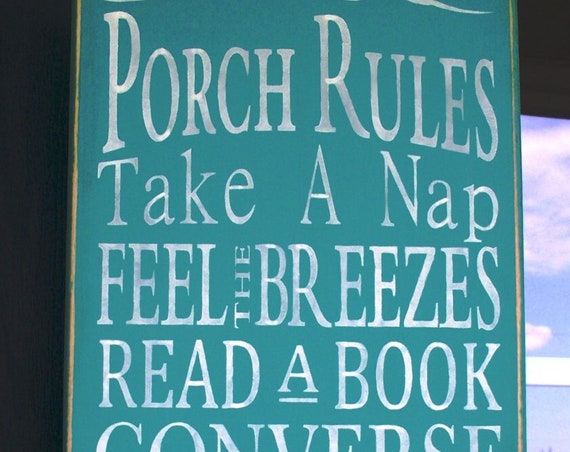 PORCH RULES - Wooden sign - Large - 12" x 24" - hand painted - turquoise - Family Rules - rustic - aqua - teal