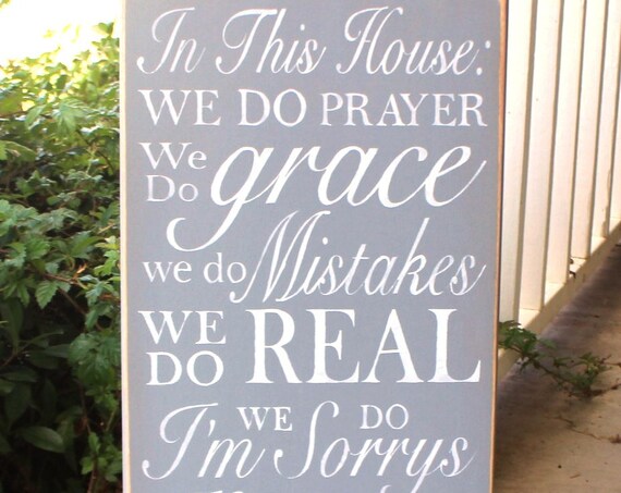 In This House: We do PRAYER, ... We Do family, We Do LOVE - Family Rules- House Rules 12 x 24 - Subway Art - Large Hand painted sign -Gray