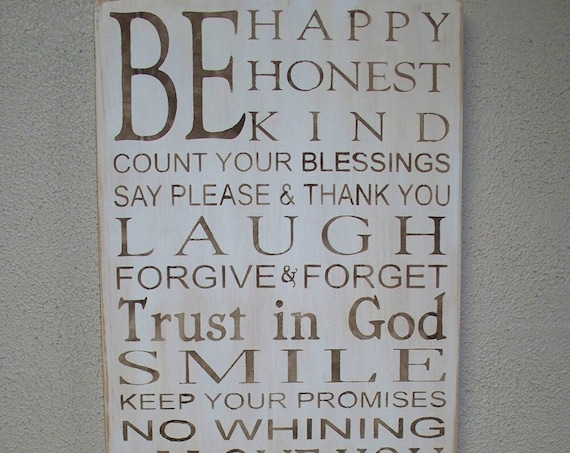 Family Rules - Large Painted Wooden Sign - 24 x 12 - Be HAPPY - Be HONEST - Be KIND - Wooden Signs - Hand Painted Wooden signs - Large sign