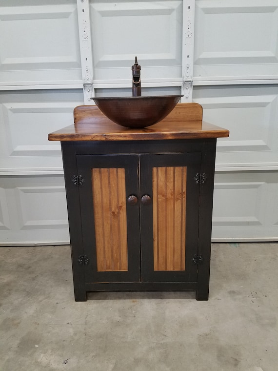 Rustic Bathroom Vanity - 30" - Farmhouse - Vessel Copper Sink - Pump Faucet - Bathroom Vanity with Sink - Sink & Faucet included in price