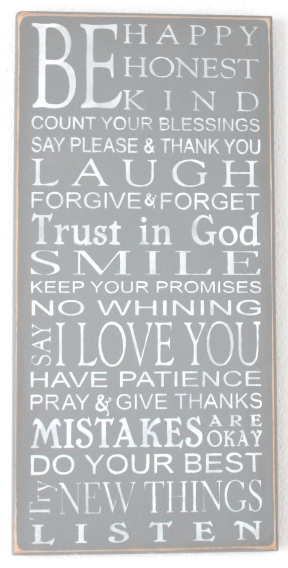 Be HAPPY - Be HONEST - Be KIND - Family Rules - Gray and white - Typography - Subway Art - Painted Wooden Sign - 12 x 24