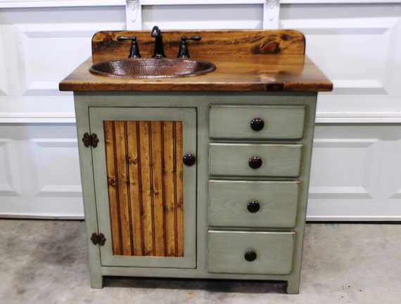 Bathroom Vanity - 36" - Rustic Farmhouse Bathroom Vanity - Sage Green - Bathroom Vanity w/ Drawers - Rustic Bathroom Vanity - Copper Sink