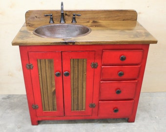 Rustic Farmhouse Vanity - Copper Sink - 42" - Barn Red - Bathroom Vanity - Bathroom Vanity with Sink - Rustic Vanity - Farmhouse Vanity