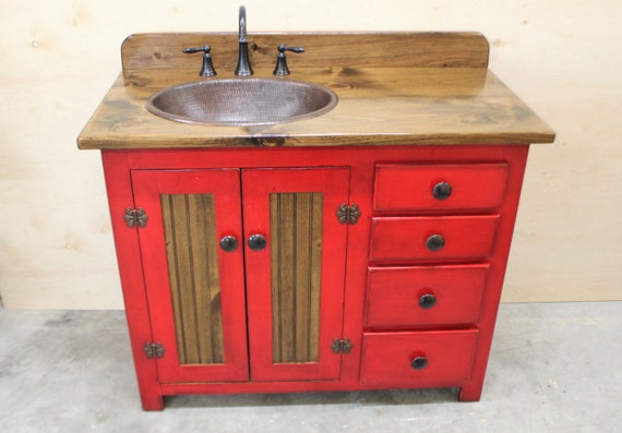 Rustic Farmhouse Vanity - Copper Sink - 42" - Barn Red - Bathroom Vanity - Bathroom Vanity with Sink - Rustic Vanity - Farmhouse Vanity