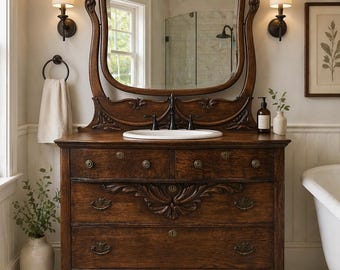 Antique Oak Dresser converted to a bathroom vanity with sink and faucet.
