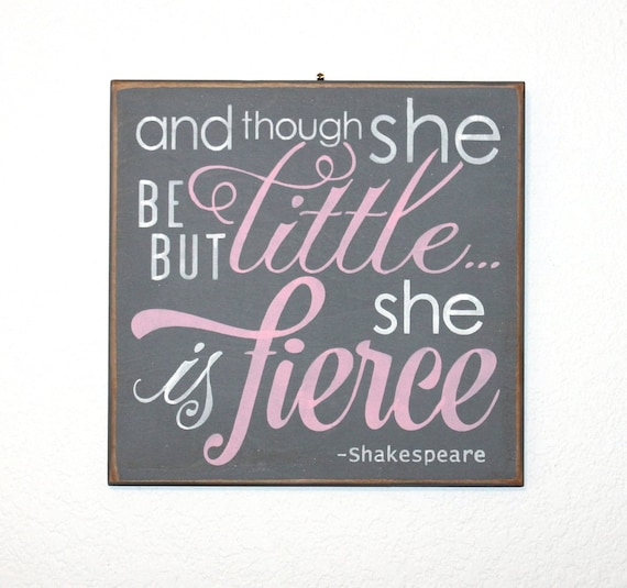 And though she be but little ... she is fierce - Hand Painted Wooden Sign - 12 x 12 - pink and gray - Girl's room - Nursery - Baby Girl