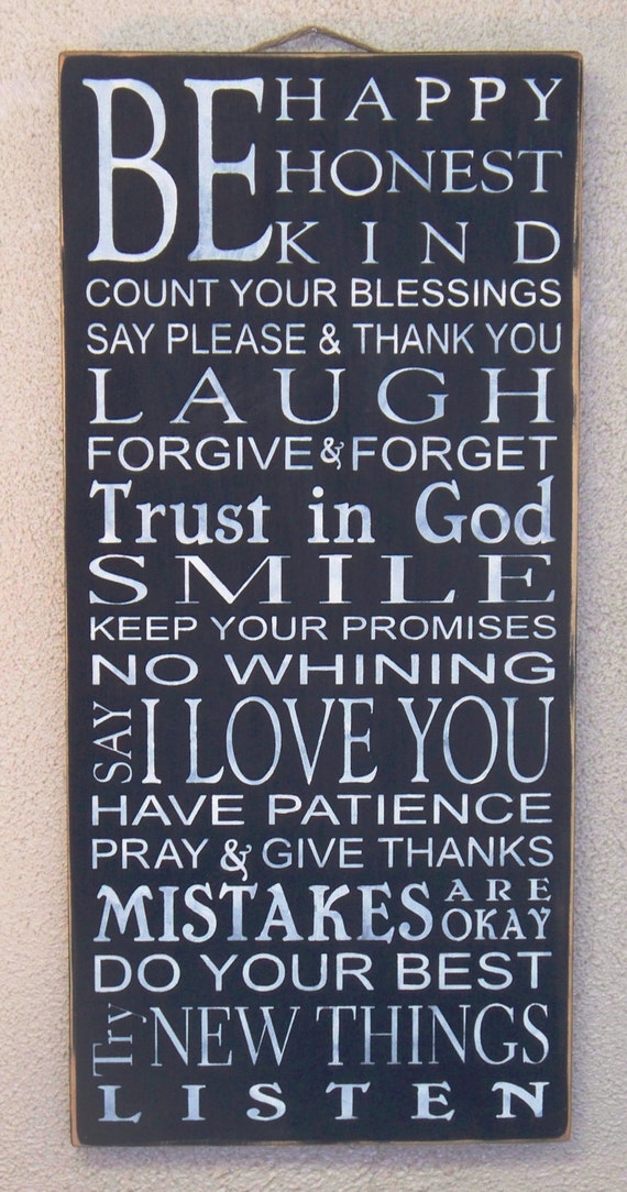 Be HAPPY - Be HONEST - Be KIND - Family Rules - Typography - Subway Art - Sign - Black with White lettering