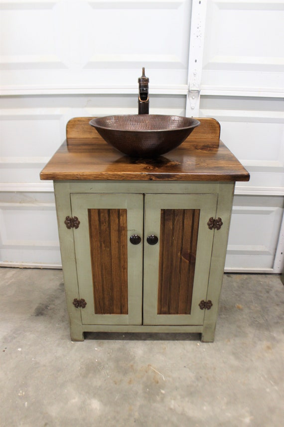Rustic Farmhouse Vanity - 30" - Sage Green - Bathroom Vanity - Bathroom Vanity with Vessel Sink - Farmhouse Vanity with Sink - Copper Sink