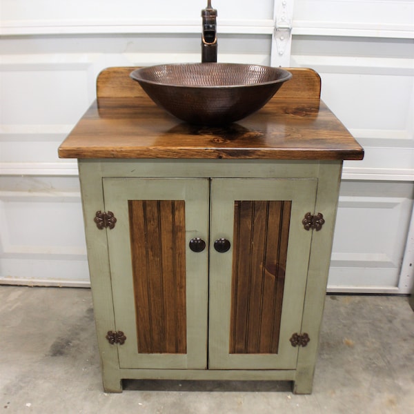 Rustic Farmhouse Vanity - 30" - Sage Green - Bathroom Vanity - Bathroom Vanity with Vessel Sink - Farmhouse Vanity with Sink - Copper Sink