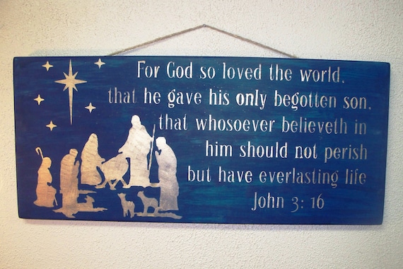 Wooden Christmas Sign - Large - 12 x 25 - Nativity - John 3 16 - Midnight Blue with Gold lettering - Scripture - Manger - Bible - Holiday