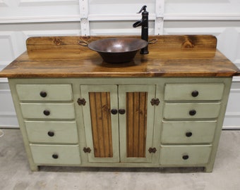 Rustic Farmhouse Vanity - Copper Sink - 60"- Sage Green - Bathroom Vanity - Bathroom Vanity with Sink - Rustic Vanity - Farmhouse Vanity