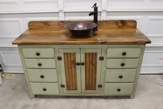 Rustic Farmhouse Vanity - Copper Sink - 60"- Sage Green - Bathroom Vanity - Bathroom Vanity with Sink - Rustic Vanity - Farmhouse Vanity