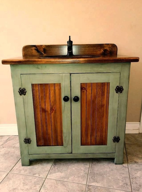 Country Pine Bathroom Vanity with Hammered Copper Sink: 36 inch wide Rustic Bathroom Vanity - CC1186-36 -Antique sage green - 36"  Farmhouse