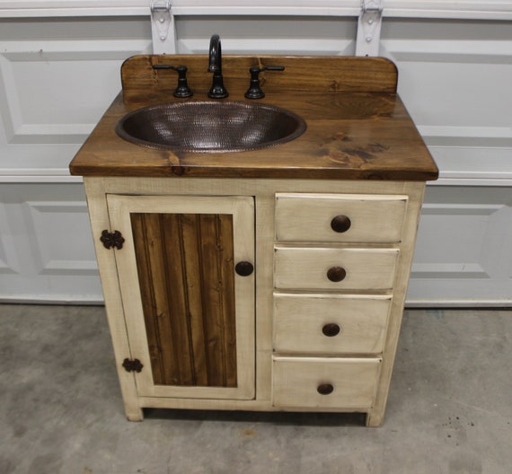 Rustic Farmhouse Vanity - 32"- Copper Sink - Antique white - Bathroom Vanity - Bathroom Vanity with Sink - Rustic Vanity - Farmhouse Vanity