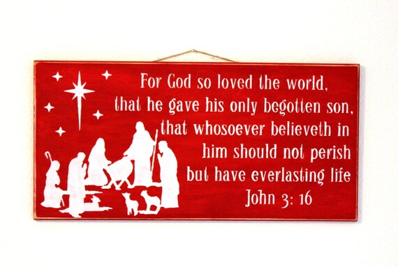 Wooden Christmas Sign -Large - 12 x 24 - Nativity - JOHN 3 16 - Reason for the Season - Creche - Red - Christian - Hand painted on wood