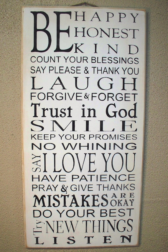 BE HAPPY - Be Honest - Be Kind - Family Rules - Typography - Subway Art - Sign - White with Black Lettering- Large