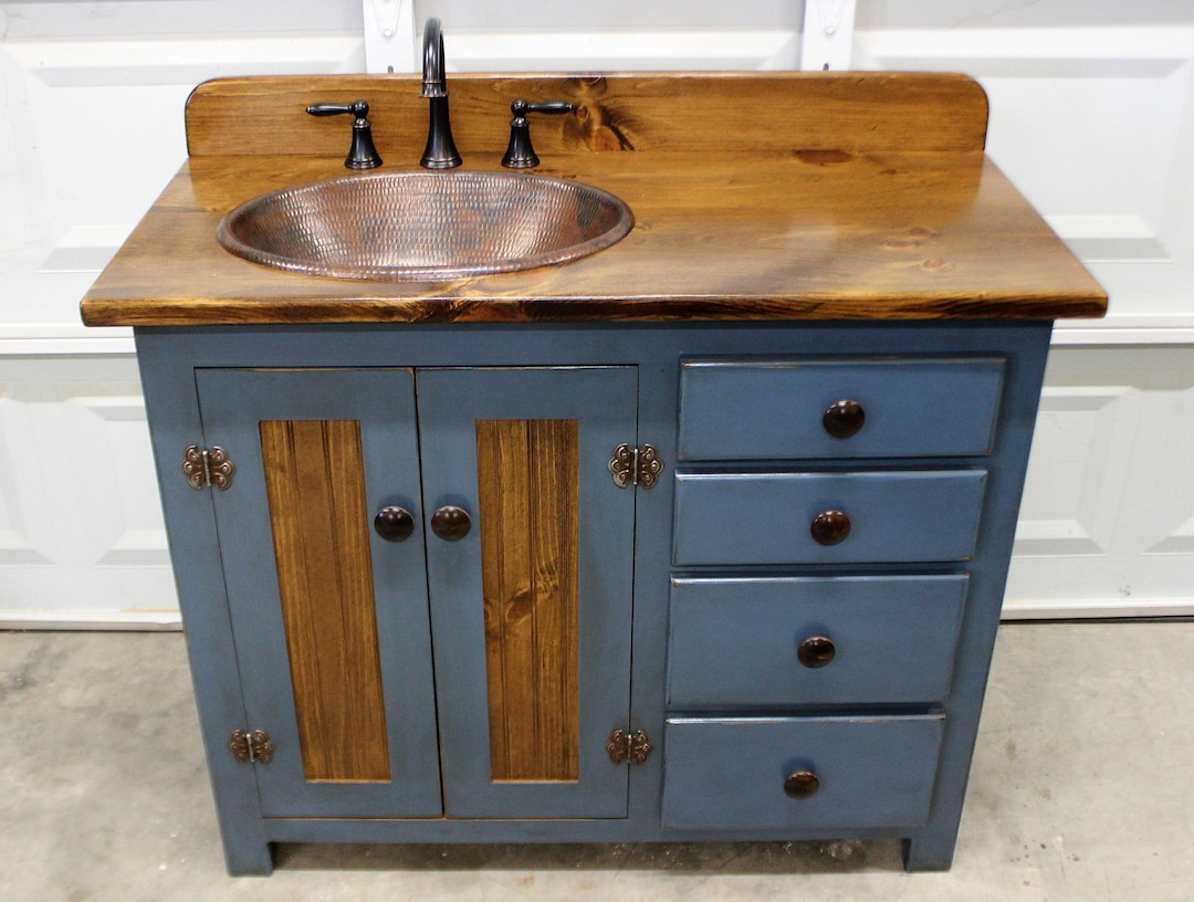 Rustic Farmhouse Vanity - Copper Sink - 42" - BLUE - Bathroom Vanity ...