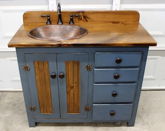 Rustic Farmhouse Vanity - Copper Sink - 42" - BLUE - Bathroom Vanity - Bathroom Vanity with Sink - Rustic Vanity - Farmhouse Vanity