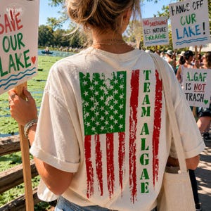 May include: An off-white short-sleeve t-shirt featuring a distressed graphic on the back. The design displays a stylized American flag with green stars and red stripes, accompanied by the vertical green text that reads TEAM ALGAE.