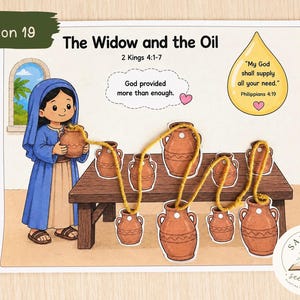 Può includere: Una scheda didattica stampabile intitolata Lesson 19 The Widow and the Oil, con un'illustrazione a cartoni animati di una persona in tunica blu che versa del filo giallo da una giara di terracotta in altre giare su un tavolo.