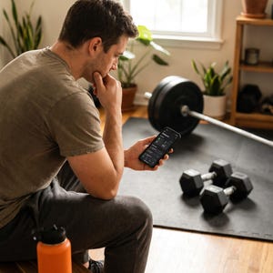 Op de afbeelding: Een smartphone met een workout-tracking-app, vastgehouden in een hand. Het scherm toont een donkere interface met witte tekst en iconen. In de buurt liggen zwarte zeshoekige dumbbells, een halterstang en een oranje waterfles.