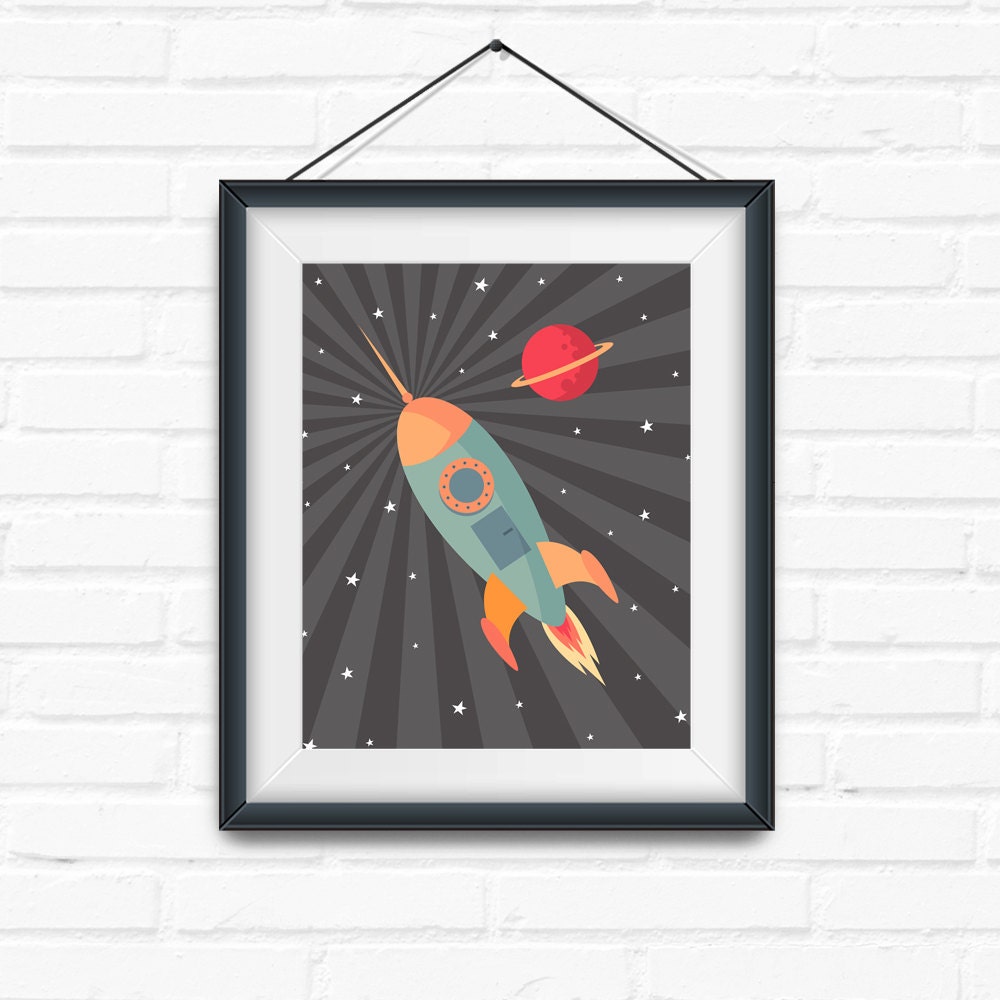 Space Rocket Ship Nursery Kids Room Wall Art Etsy