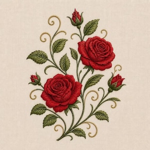 May include: An embroidery design featuring two large, deep red blooming roses and two smaller rosebuds. The flowers are surrounded by detailed green leaves and delicate, swirling golden-brown vine accents on a light beige fabric background.
