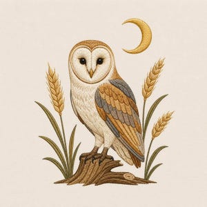 Pode incluir: Um design de bordado apresentando uma coruja-das-torres pousada num tronco de árvore, ladeada por talos de trigo em ambos os lados. Acima da coruja está uma lua crescente dourada. A coruja tem penas brancas, castanhas e cinzentas.