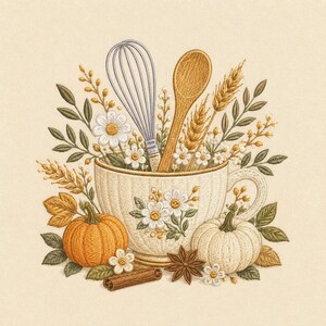 May include: An embroidery design featuring a cream-colored teacup filled with a wire whisk, a wooden spoon, wheat stalks, and white daisies. An orange pumpkin, a white pumpkin, a cinnamon stick, and a star anise are arranged at the base.