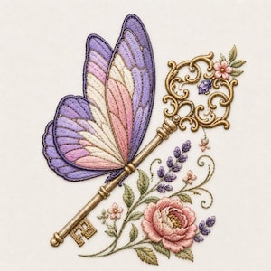 May include: An embroidered patch featuring a butterfly with purple, pink, and cream wings attached to a gold-coloured ornate key. The design includes a large pink flower, small lavender sprigs, and green leaves, all rendered in detailed thread work.