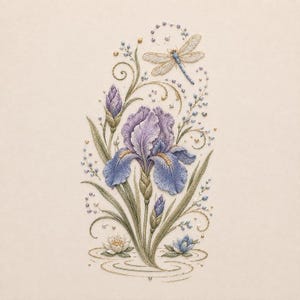 May include: An intricate embroidery design featuring a central purple iris flower with green leaves, accompanied by a blue dragonfly, small white and blue floral accents, and delicate gold-stitched ripples at the base on a light beige fabric.