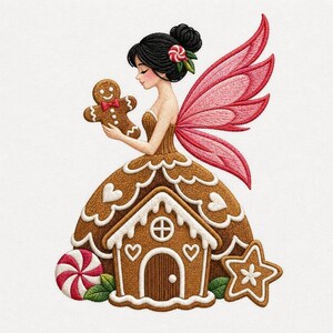 May include: An embroidered design of a fairy with black hair in a bun, wearing a brown gingerbread house dress with white icing details. The fairy has pink wings, holds a gingerbread man, and is surrounded by a red and white peppermint candy.
