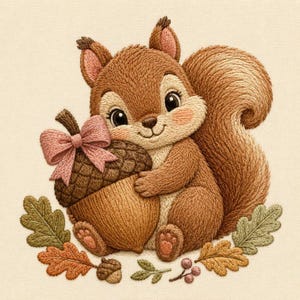 May include: An embroidery design featuring a brown squirrel with large eyes holding a large acorn topped with a pink ribbon bow. The squirrel is surrounded by several oak leaves in shades of green and orange, along with small berries and acorns.