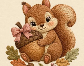 Könnte beinhalten: Ein Stickdesign mit einem braunen Eichhörnchen mit großen Augen, das eine große Eichel mit einer rosa Schleife hält. Das Eichhörnchen ist von mehreren Eichenblättern in Grün- und Orangetönen sowie kleinen Beeren und Eicheln umgeben.