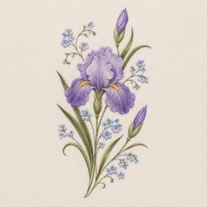 Könnte beinhalten: Ein Stickdesign mit einer zentralen violetten Schwertlilie mit gelben Akzenten, umgeben von kleinen hellblauen Vergissmeinnicht-Blüten und grünen Blättern. Die Komposition enthält zwei geschlossene violette Schwertlilienknospen auf cremefarbenem Grund.